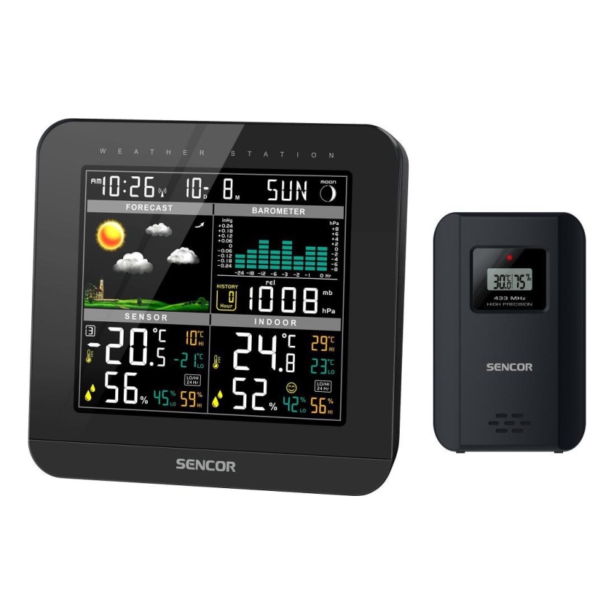 Sencor - Weerstation met kleuren LCD-scherm en wekker 3xAAA + 2x AA zwart