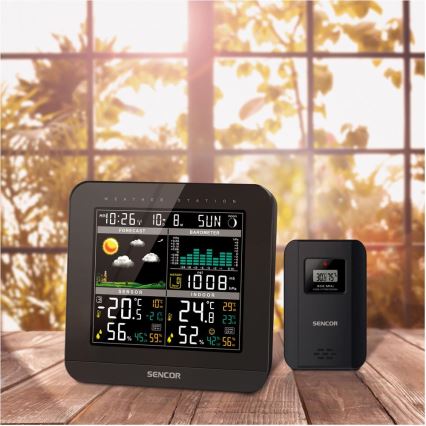 Sencor - Weerstation met kleuren LCD-scherm en wekker 3xAAA + 2x AA zwart