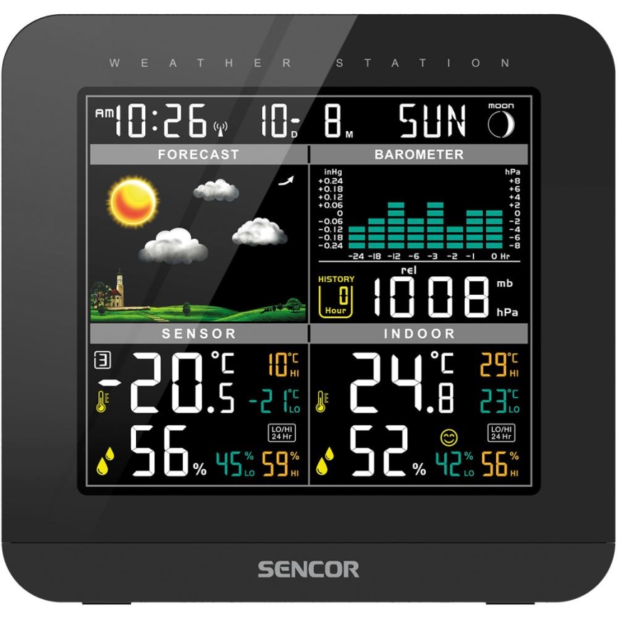 Sencor - Weerstation met kleuren LCD-scherm en wekker 3xAAA + 2x AA zwart