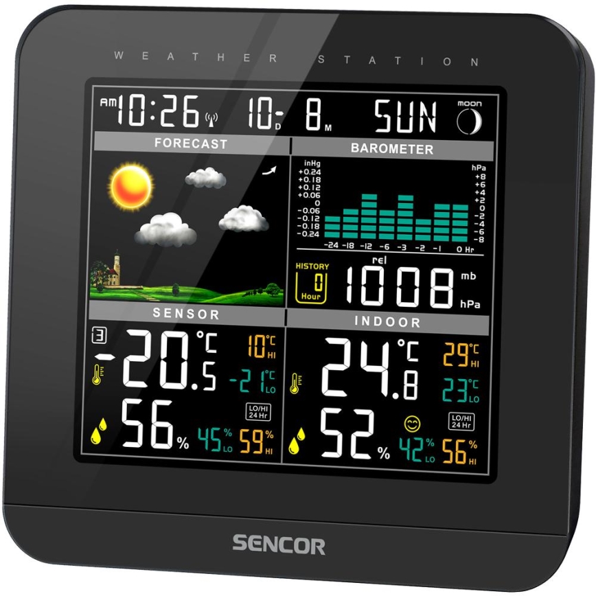 Sencor - Weerstation met kleuren LCD-scherm en wekker 3xAAA + 2x AA zwart