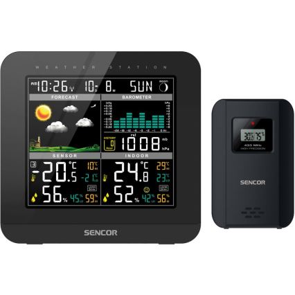 Sencor - Weerstation met kleuren LCD-scherm en wekker 3xAAA + 2x AA zwart