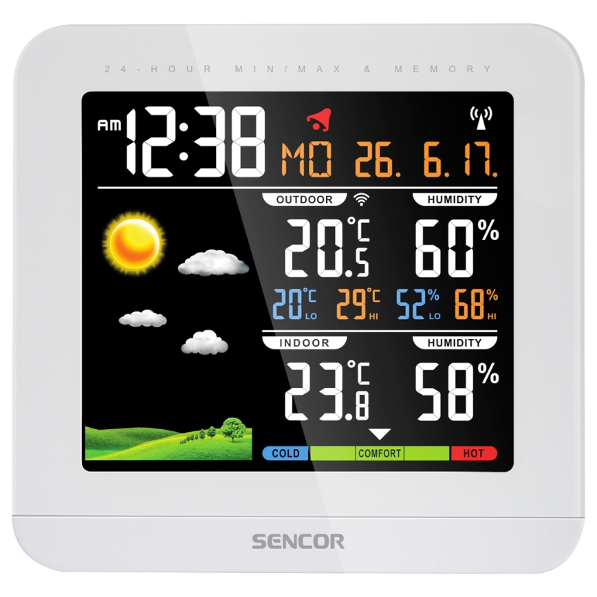 Sencor - Weerstation met kleurenscherm en wekker 3xAAA + 2xAAA wit