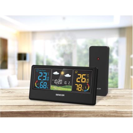 Sencor - Weerstation met kleurig LCD-display, 3×AAA + 2×AA, zwart