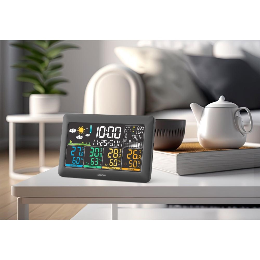 Sencor - Weerstation met kleurrijk LCD-scherm + 3 sensoren, 3xAA + 6xAA, zwart