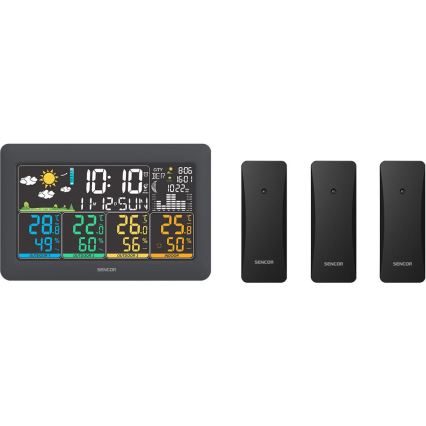 Sencor - Weerstation met kleurrijk LCD-scherm + 3 sensoren, 3xAA + 6xAA, zwart