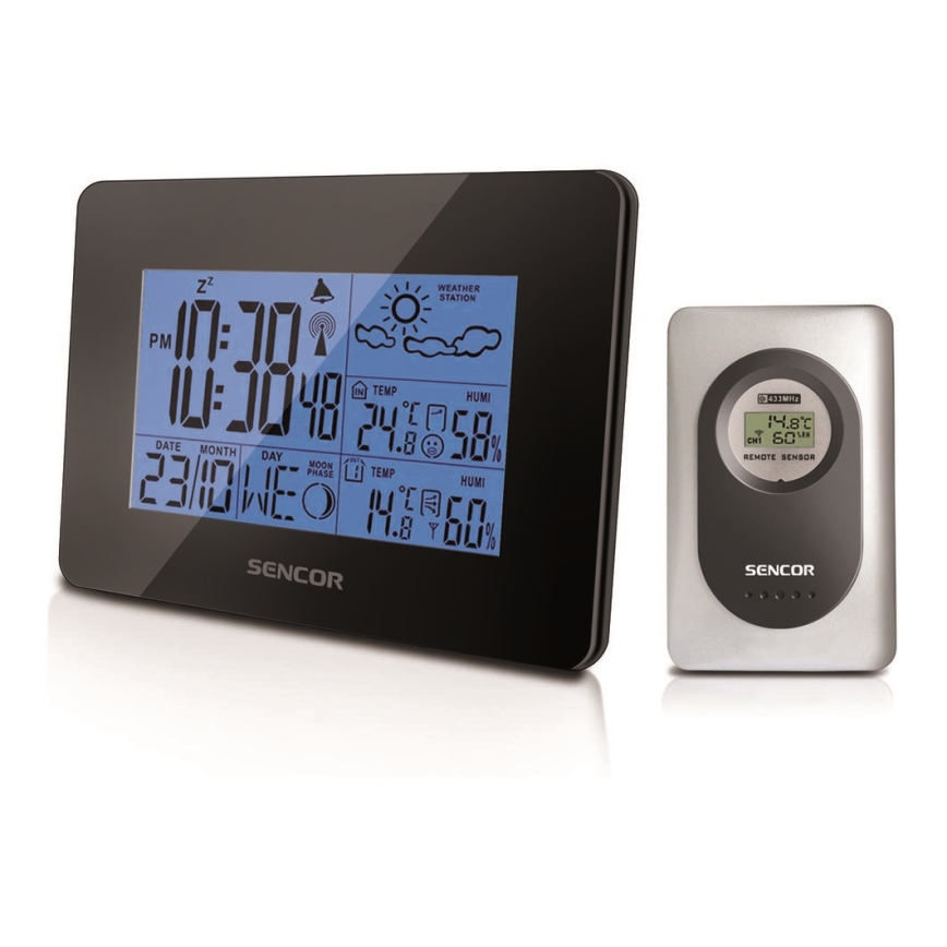Sencor - Weerstation met LCD scherm en wekker 3xAA + 2xAAA zwart