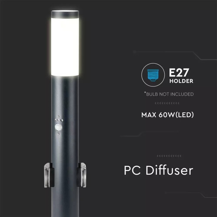 Sensorlamp voor buiten en 2 stopcontacten SCHUKO 1xE27/60W/230V IP44 60cm antraciet