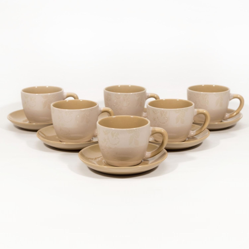 Service 6x tasse en céramique avec sous-tasse beige rose