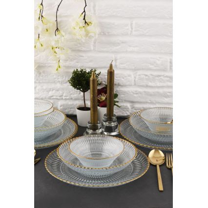 Service de table 12 pièces en verre transparent, finition dorée