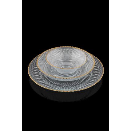 Service de table 12 pièces en verre transparent, finition dorée