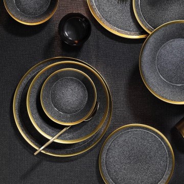 Service de table 16 pièces en porcelaine, anthracite et doré