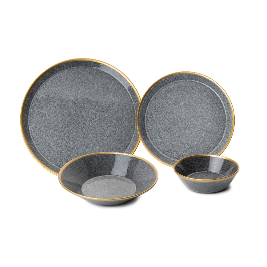 Service de table 16 pièces en porcelaine, anthracite et doré