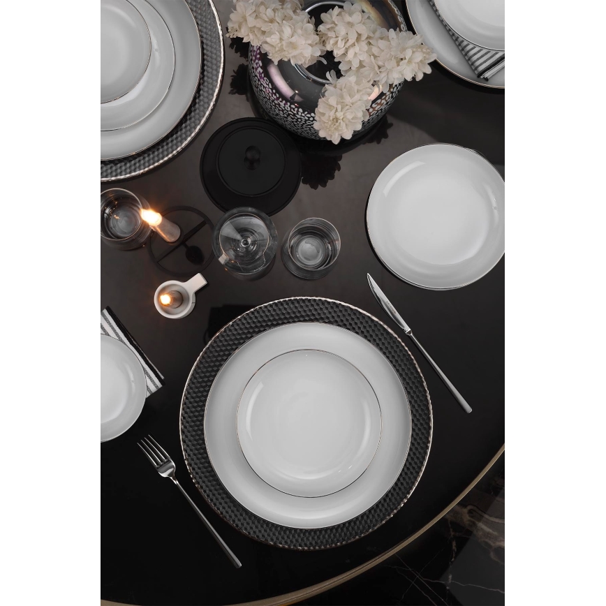 Service de table 18 pièces, blanc/argenté, en porcelaine