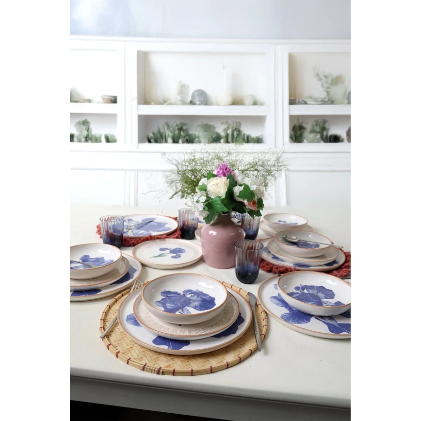 Service de table 18 pièces, blanc/bleu/beige, céramique