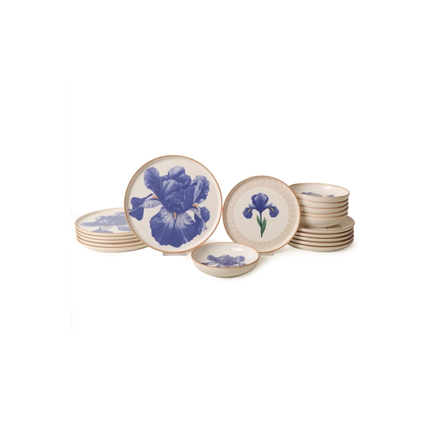 Service de table 18 pièces, blanc/bleu/beige, céramique