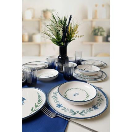 Service de table 18 pièces en céramique — blanc / bleu / vert