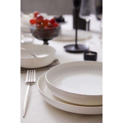 Service de table 18 pièces en porcelaine, blanc avec finitions argentées