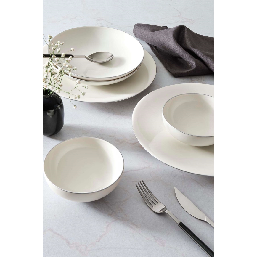 Service de table 18 pièces en porcelaine blanche avec finitions argentées