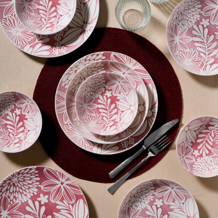 Service de table 18 pièces en porcelaine, rouge et blanc