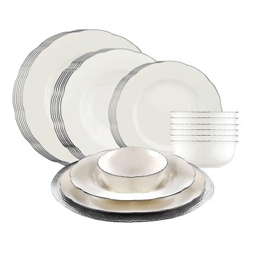 Service de table 24 pièces, blanc/argenté, en porcelaine
