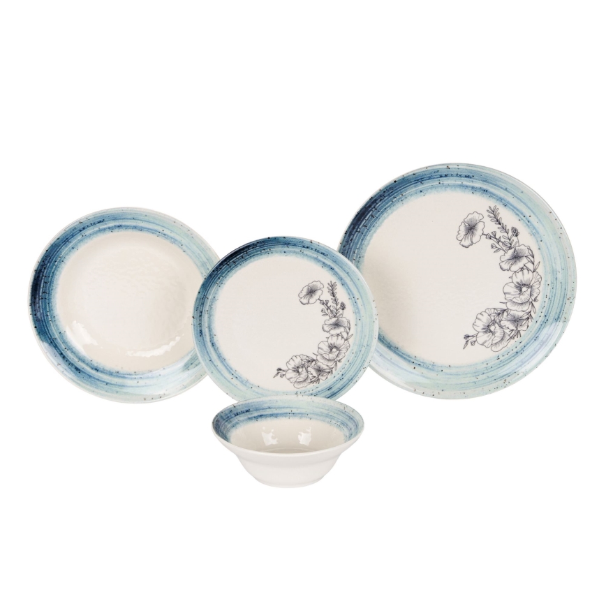 Service de table 24 pièces, blanc/bleu, en céramique