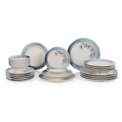 Service de table 24 pièces, blanc/bleu, en céramique