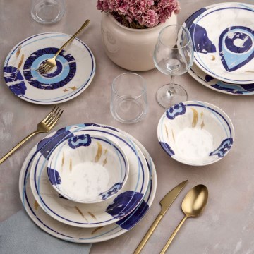 Service de table 24 pièces blanc/bleu en céramique