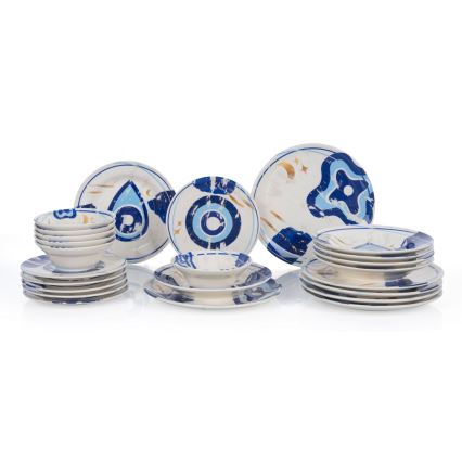 Service de table 24 pièces blanc/bleu en céramique