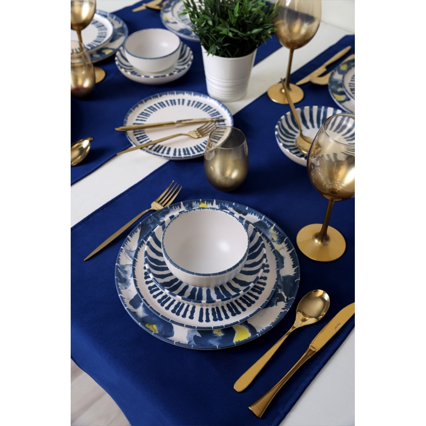 Service de table 24 pièces, blanc/bleu, en grès
