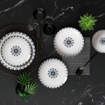 Service de table 24 pièces, blanc/bleu, en porcelaine