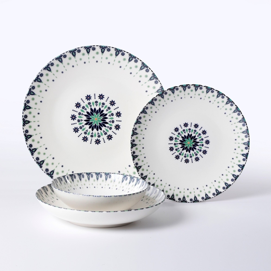 Service de table 24 pièces, blanc/bleu, en porcelaine