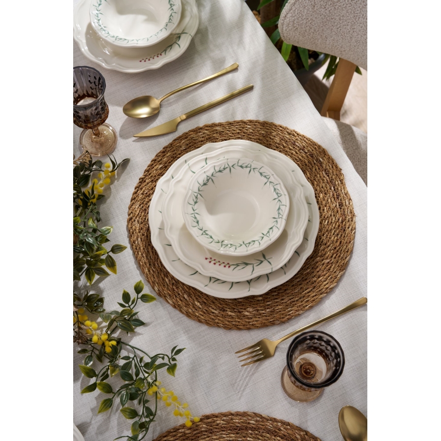 Service de table 24 pièces, blanc/vert, en porcelaine