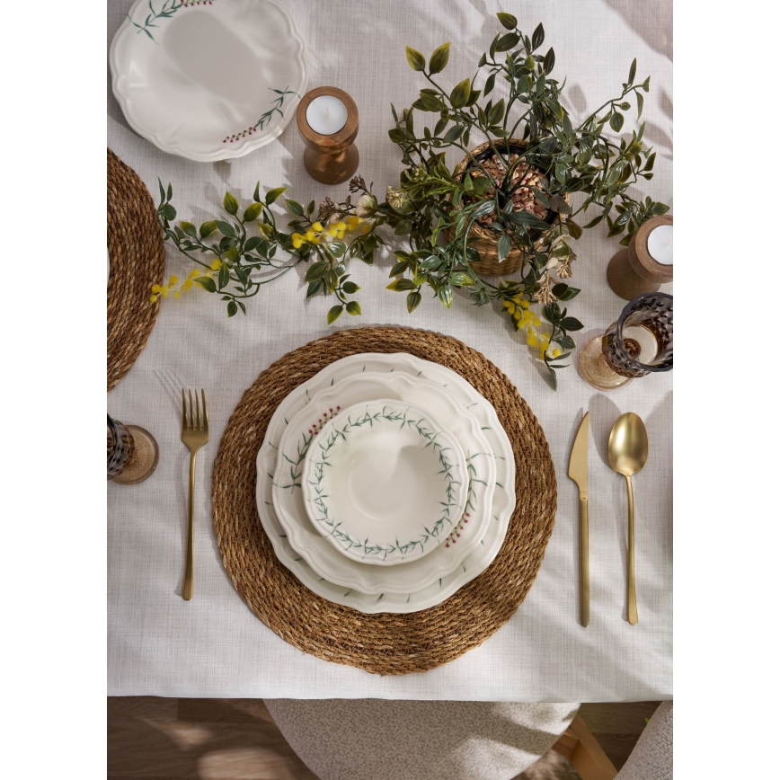 Service de table 24 pièces, blanc/vert, en porcelaine