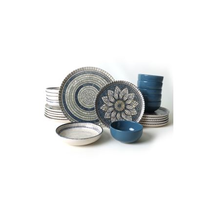 Service de table 24 pièces, bleu/crème, en grès