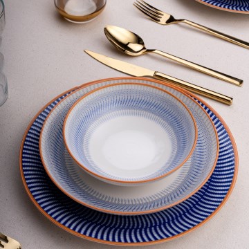 Service de table 24 pièces bleu/orange en porcelaine