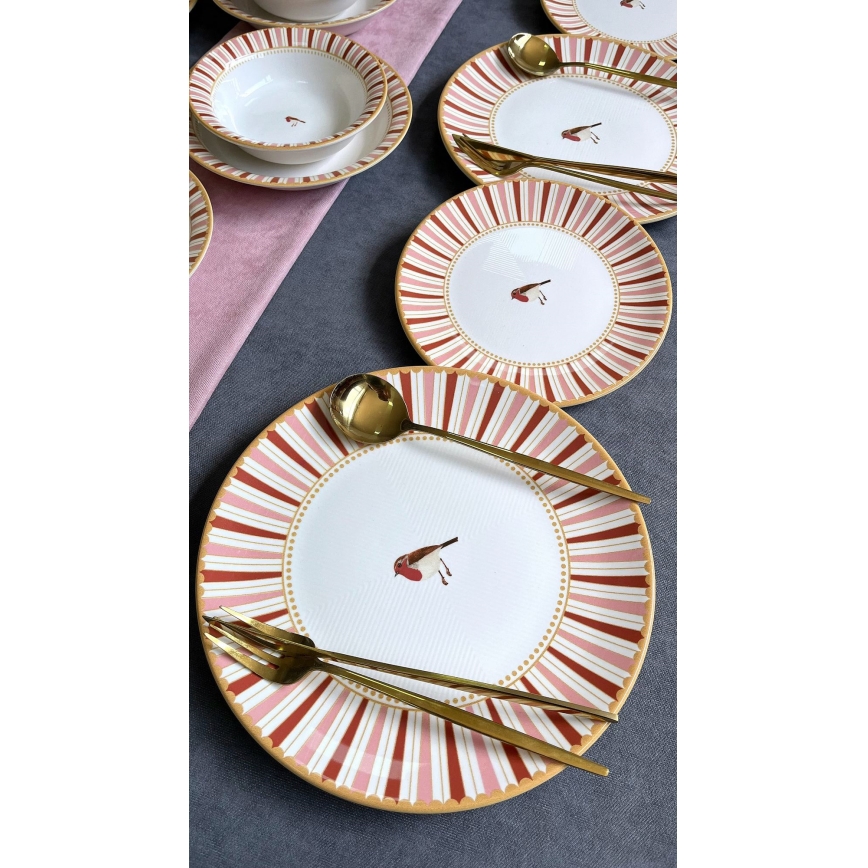 Service de table 24 pièces, céramique, blanc/rouge/doré