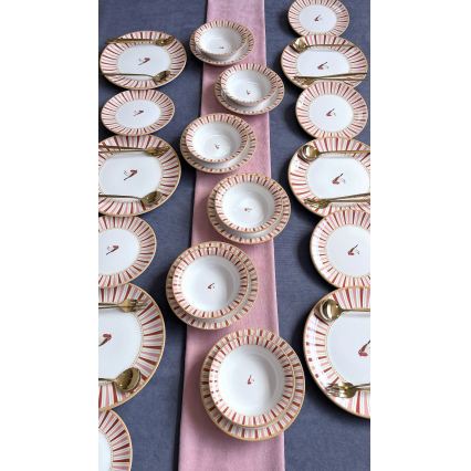 Service de table 24 pièces, céramique, blanc/rouge/doré