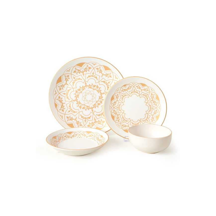Service de table 24 pièces en céramique, blanc et doré