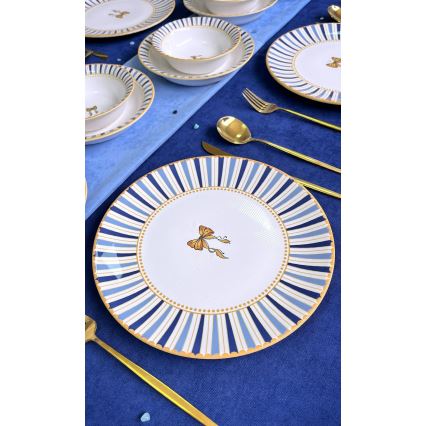 Service de table 24 pièces en céramique — blanc, bleu et doré