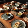 Service de table 24 pièces en grès, beige et vert