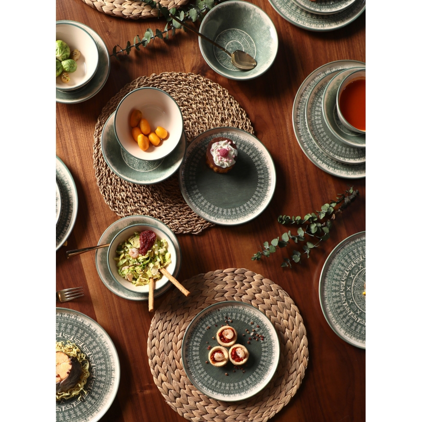 Service de table 24 pièces en grès, beige et vert