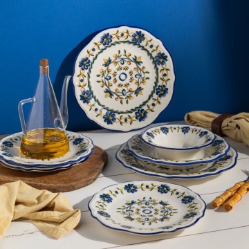 Service de table 24 pièces en porcelaine, blanc/bleu/jaune