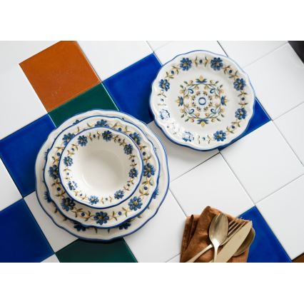 Service de table 24 pièces en porcelaine, blanc/bleu/jaune