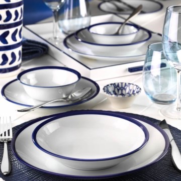 Service de table 24 pièces en porcelaine, blanc et bleu
