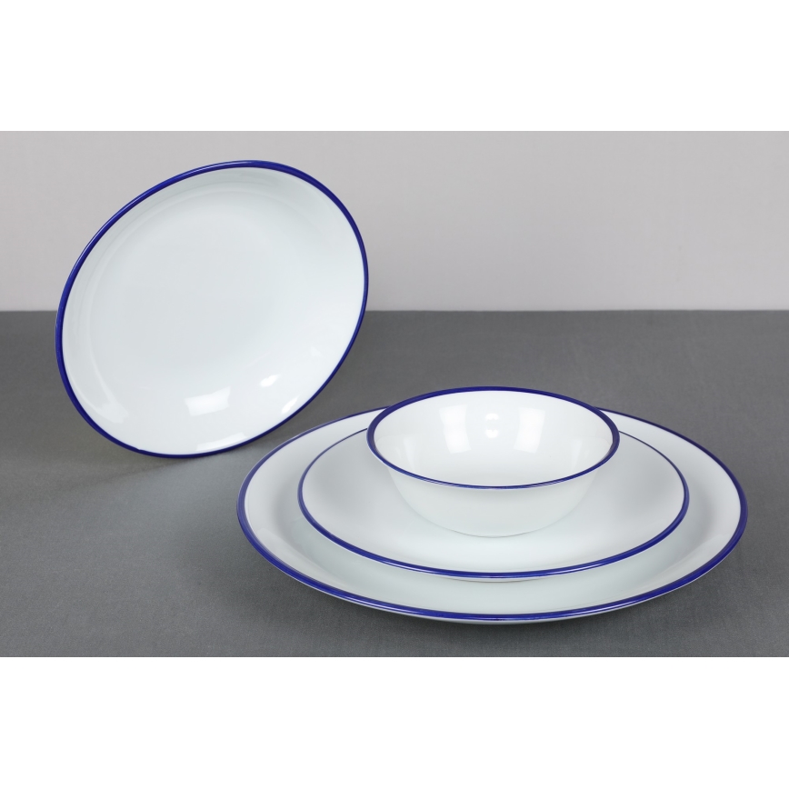 Service de table 24 pièces en porcelaine, blanc et bleu
