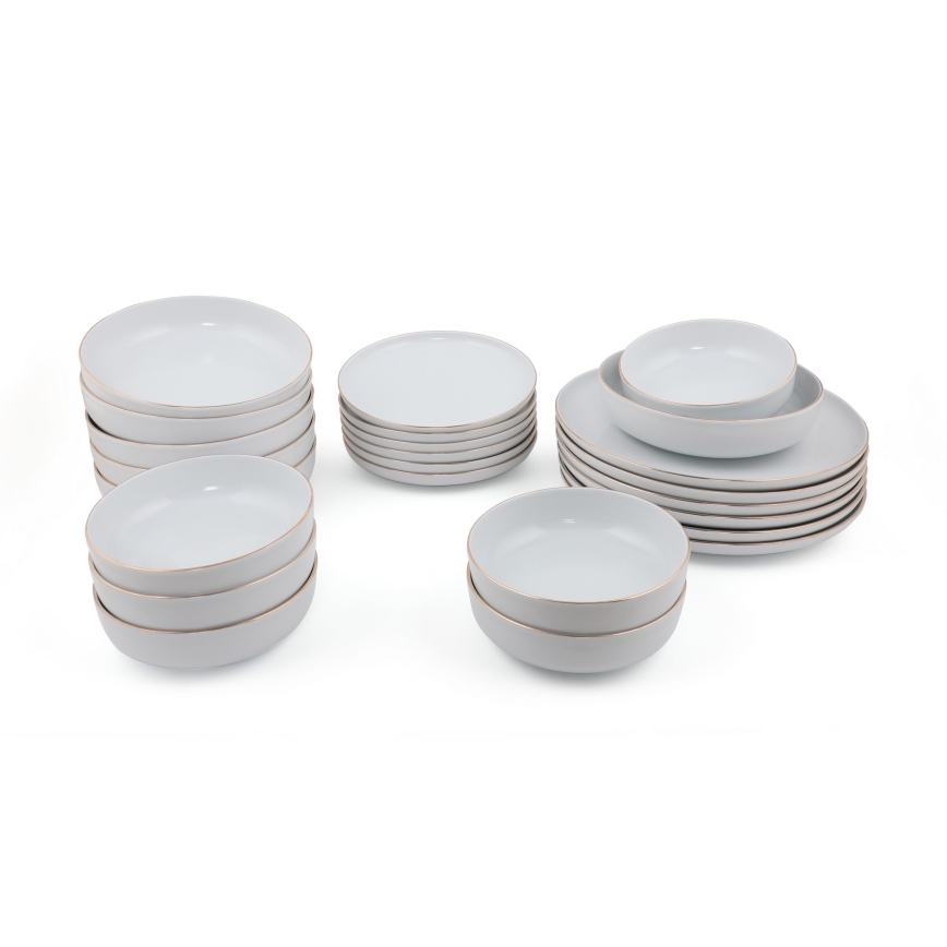 Service de table 24 pièces en porcelaine, blanc et doré