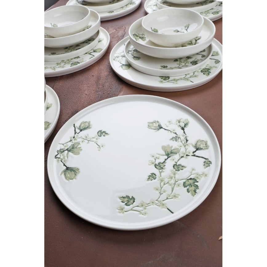 Service de table 24 pièces en porcelaine, blanc et vert