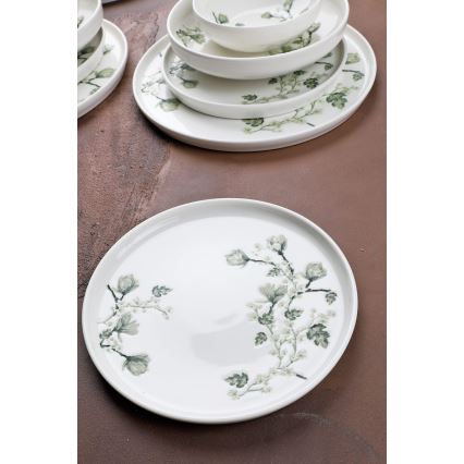 Service de table 24 pièces en porcelaine, blanc et vert