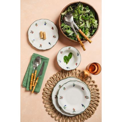 Service de table 24 pièces en porcelaine, blanc et vert