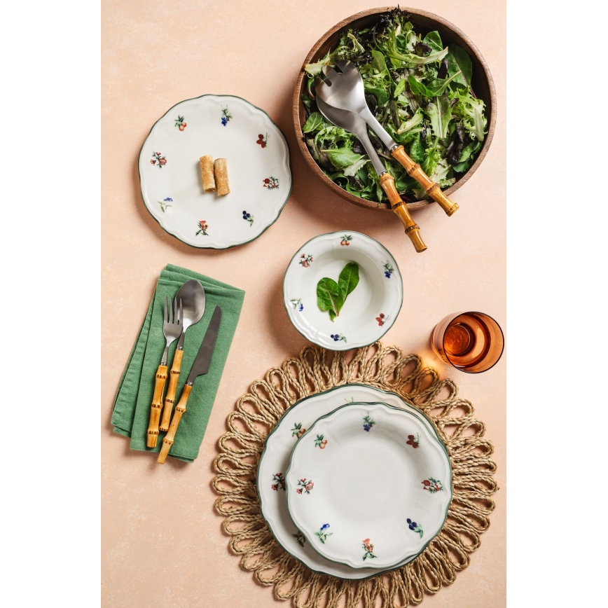 Service de table 24 pièces en porcelaine, blanc et vert